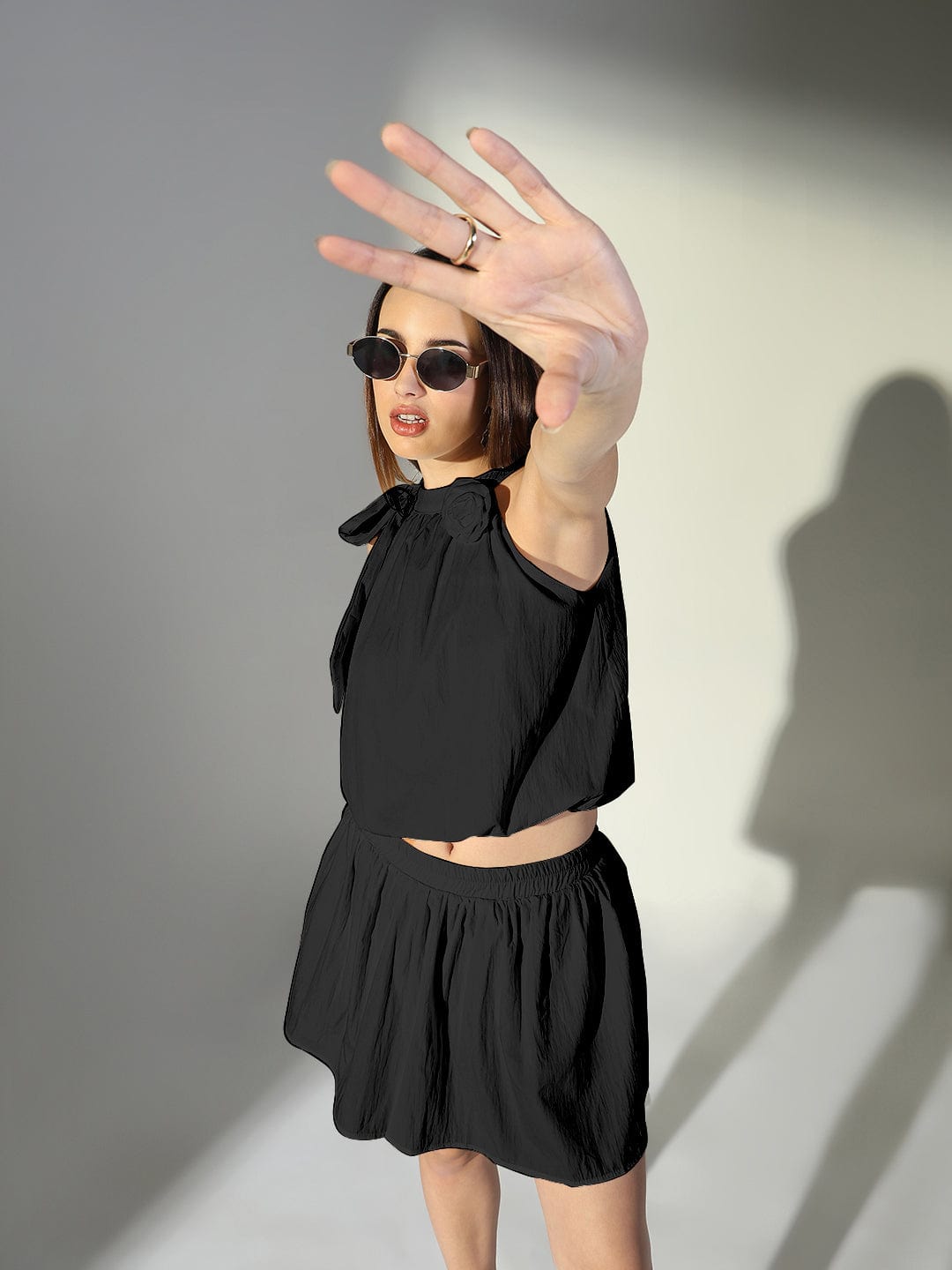 Women's Black Balloon Top with Mini Skirt Co-Ords Set