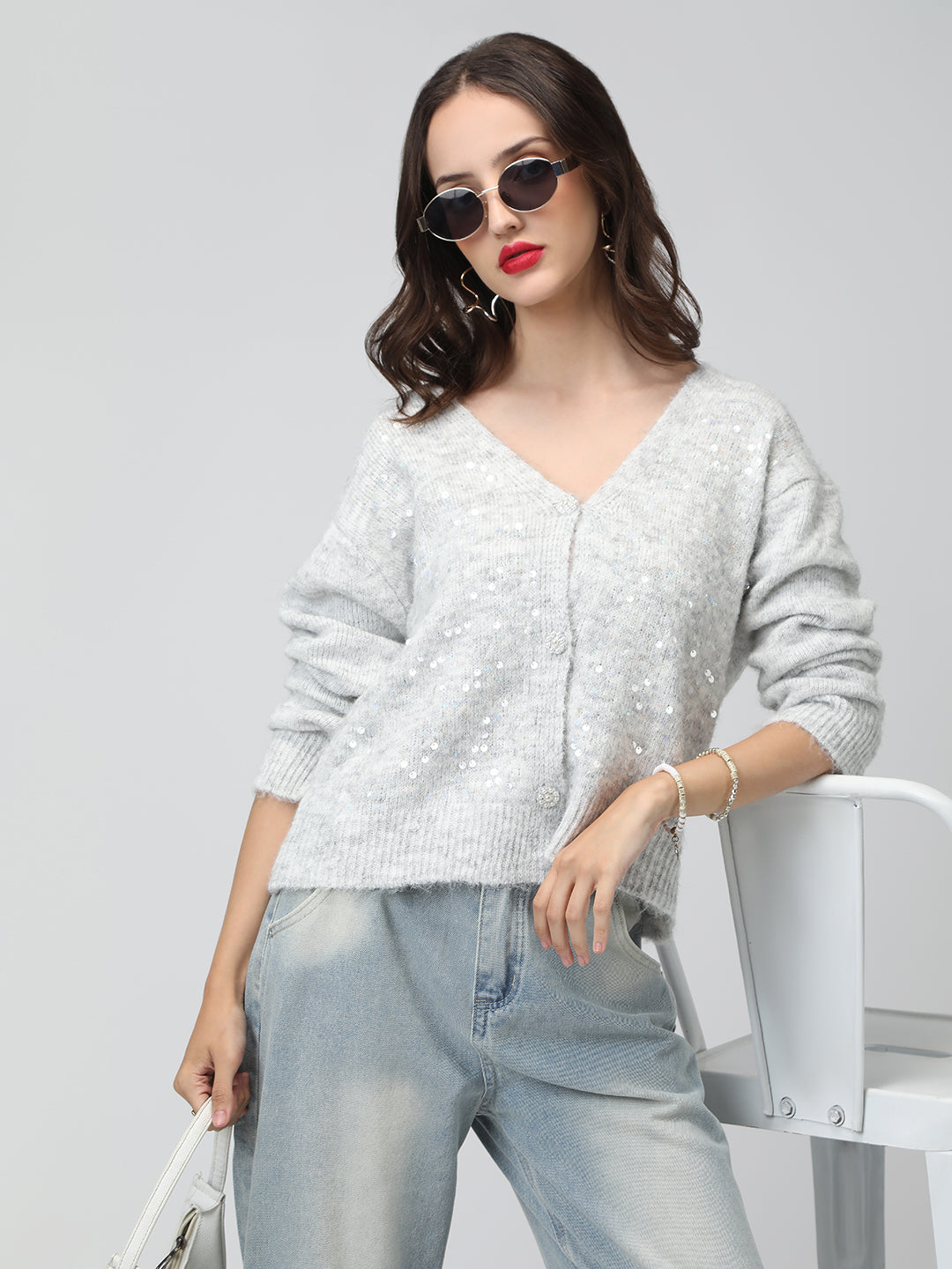 Women's Knitted Grey V-Neck Embellished Sweater