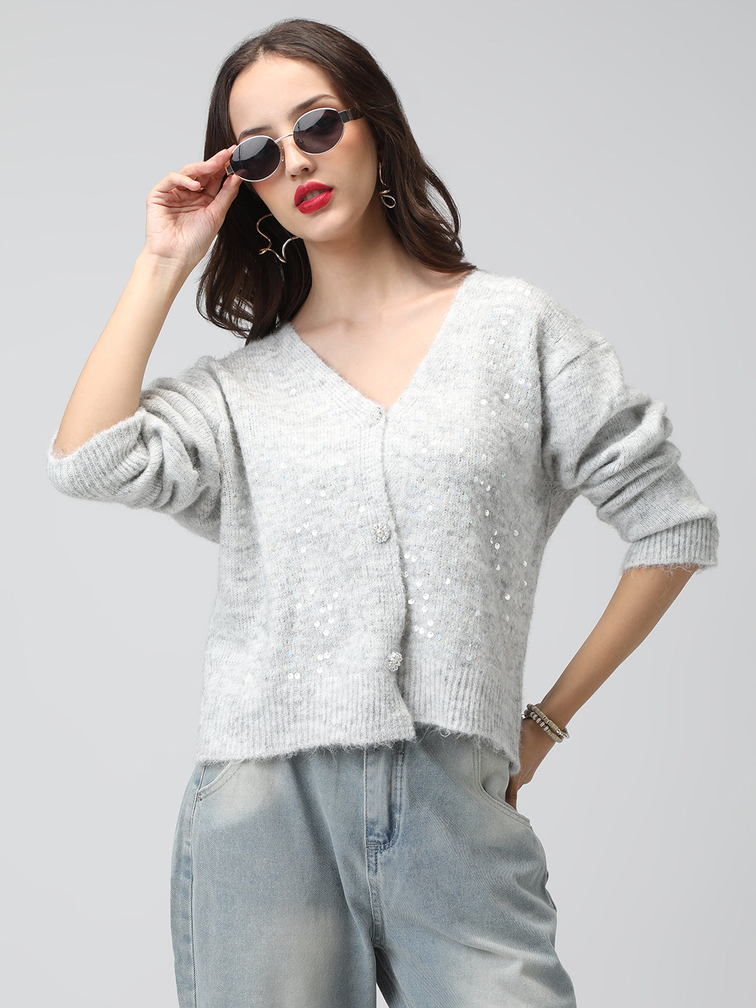 Women's Knitted Grey V-Neck Embellished Sweater