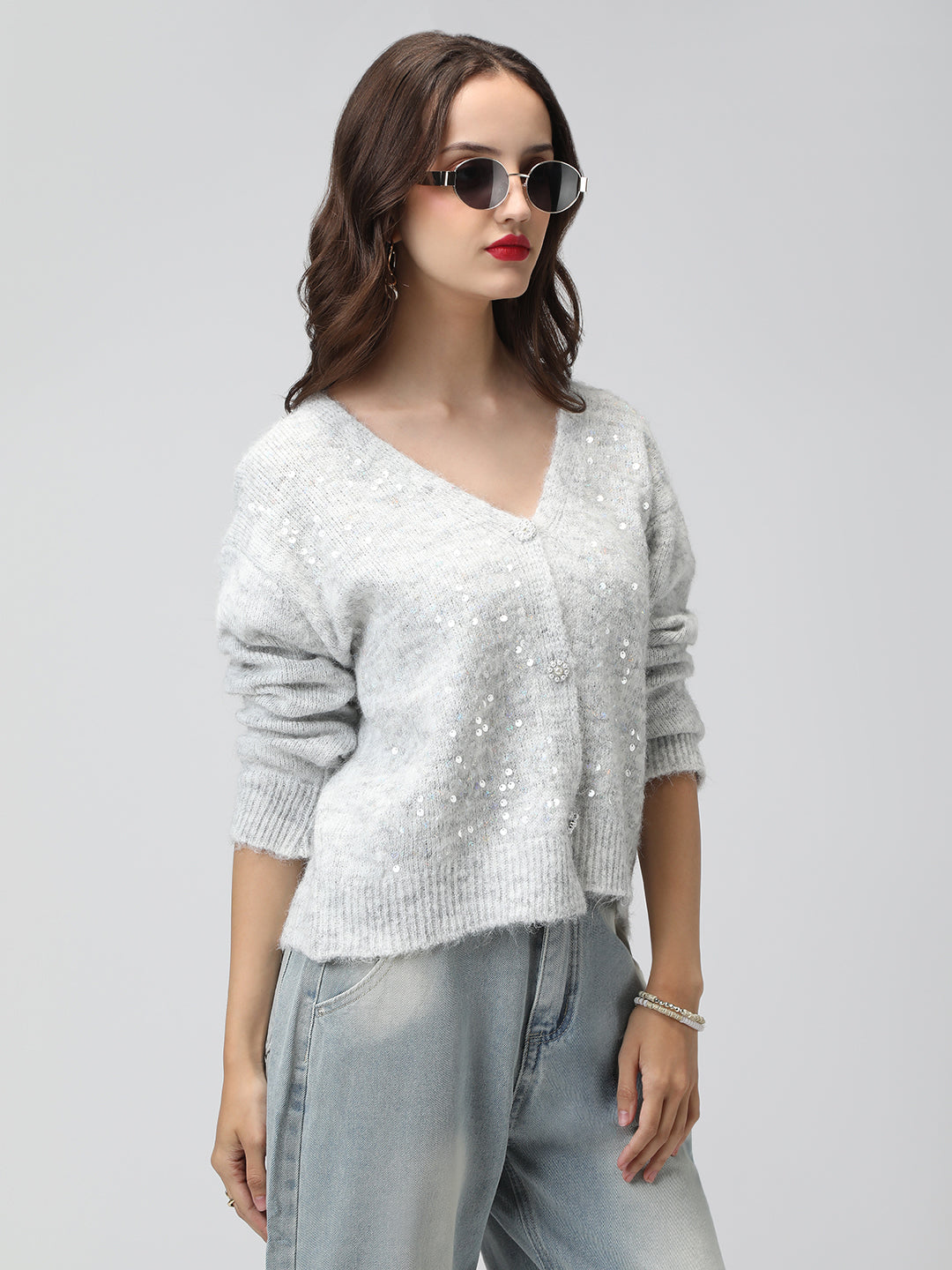 Women's Knitted Grey V-Neck Embellished Sweater