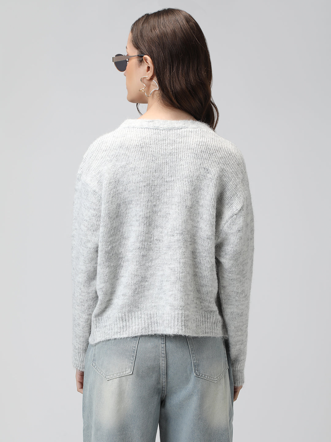 Women's Knitted Grey V-Neck Embellished Sweater