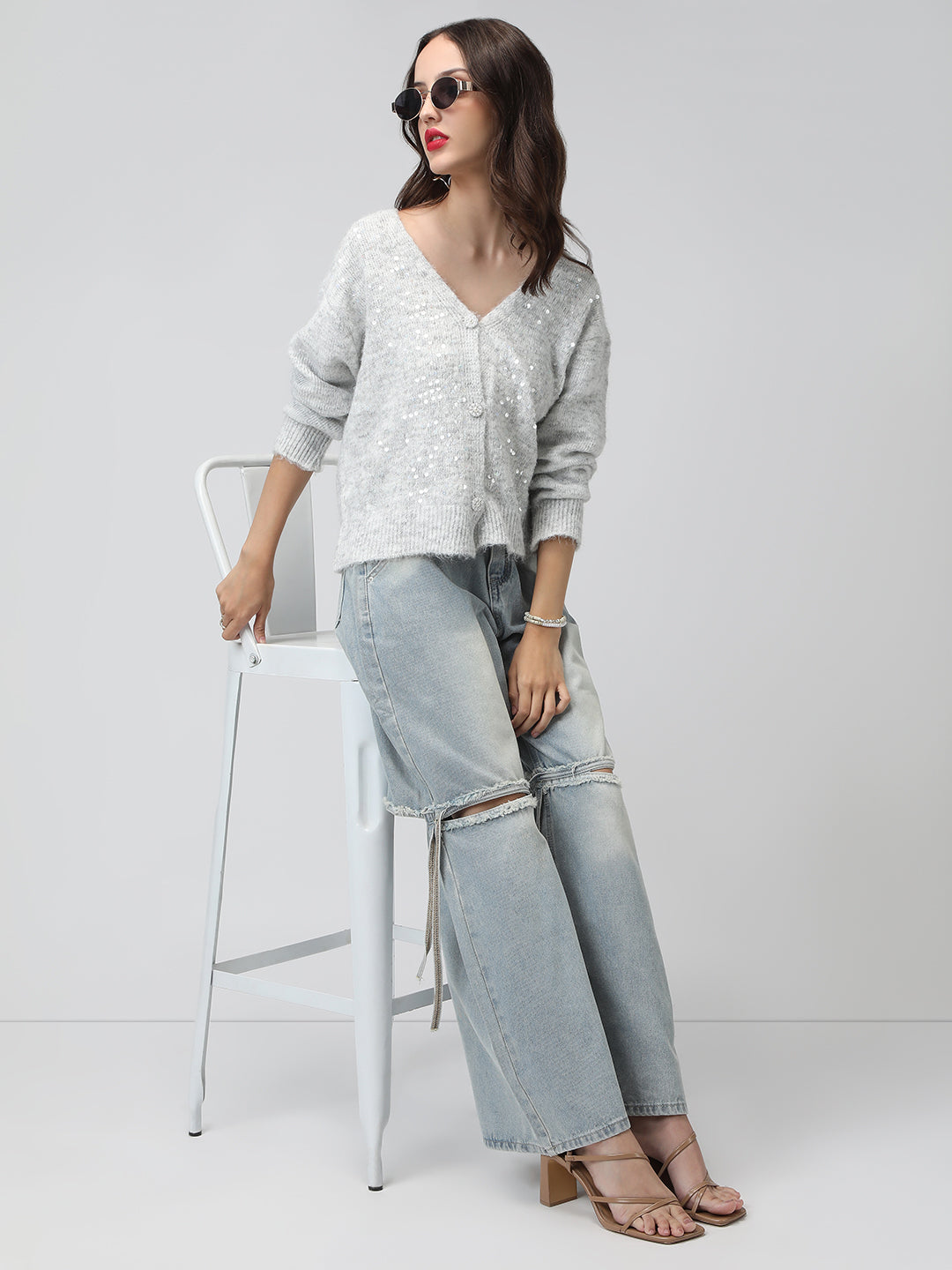 Women's Knitted Grey V-Neck Embellished Sweater