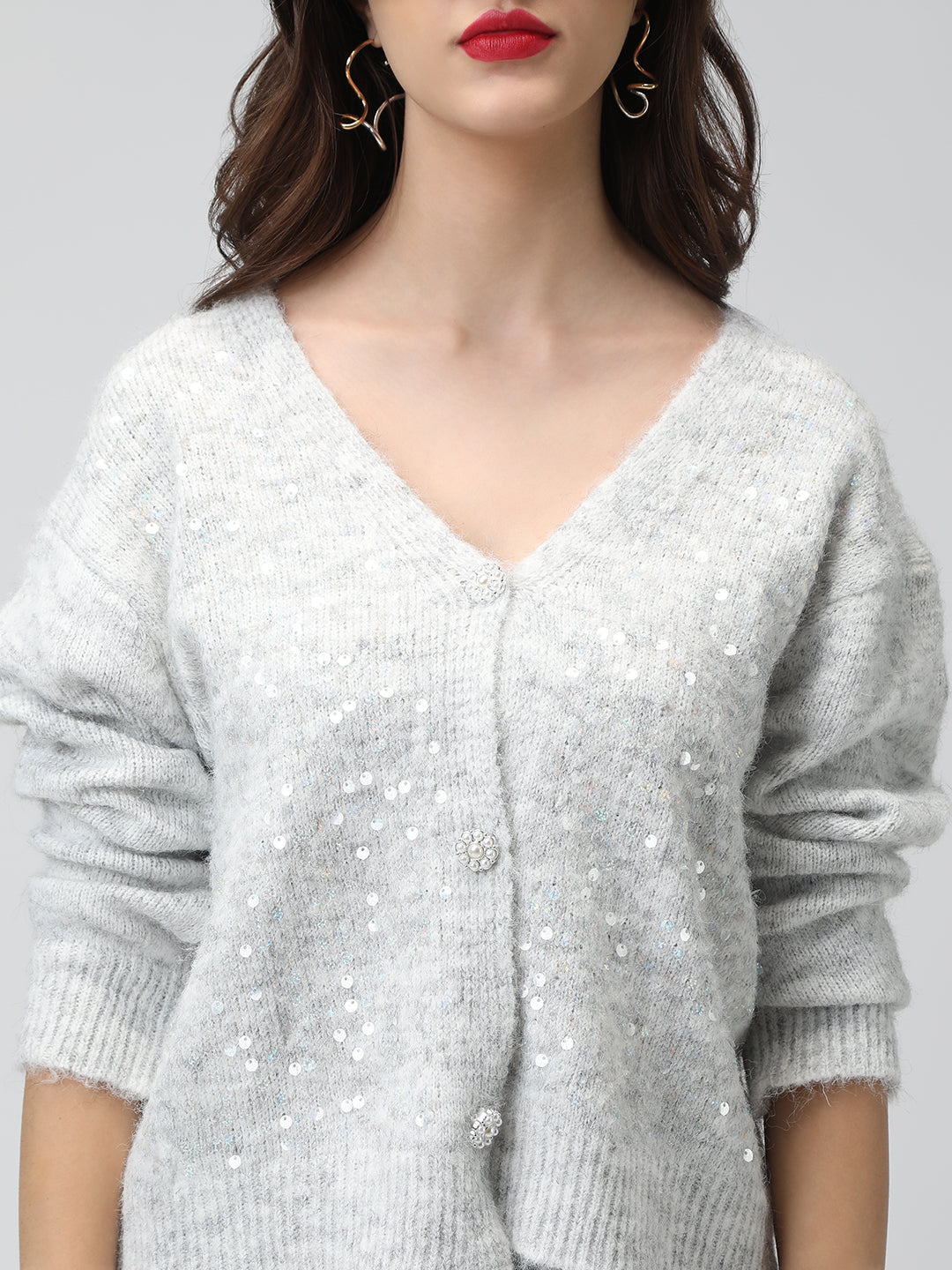 Women's Knitted Grey V-Neck Embellished Sweater