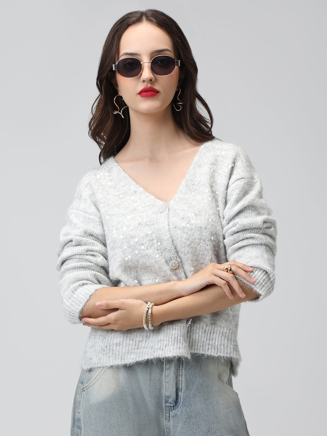 Women's Knitted Grey V-Neck Embellished Sweater