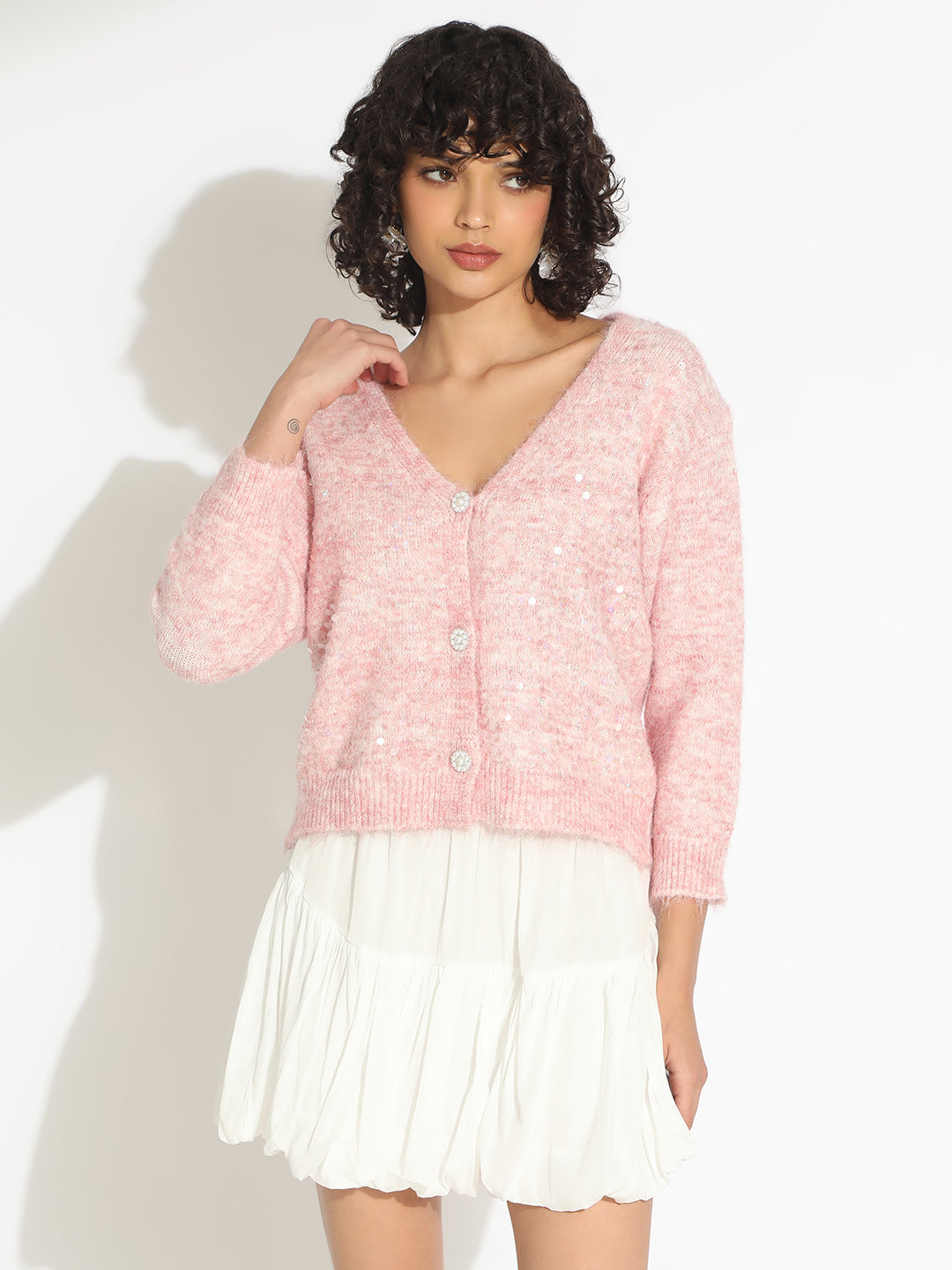 Women's Knitted Pink V-Neck Embellished Sweater