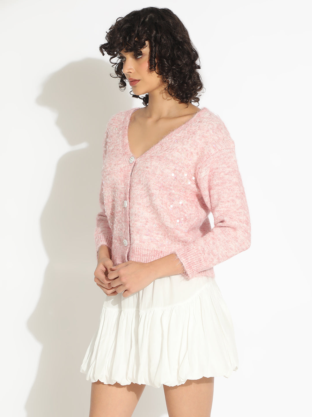 Women's Knitted Pink V-Neck Embellished Sweater