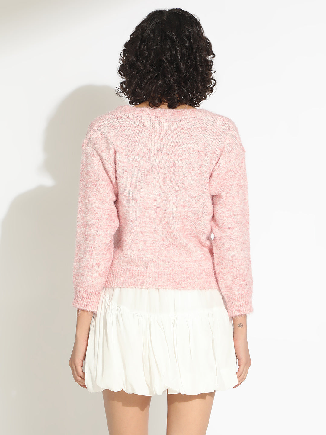 Women's Knitted Pink V-Neck Embellished Sweater