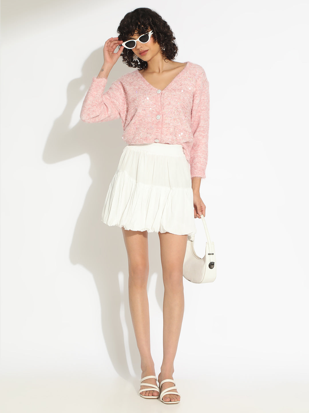 Women's Knitted Pink V-Neck Embellished Sweater