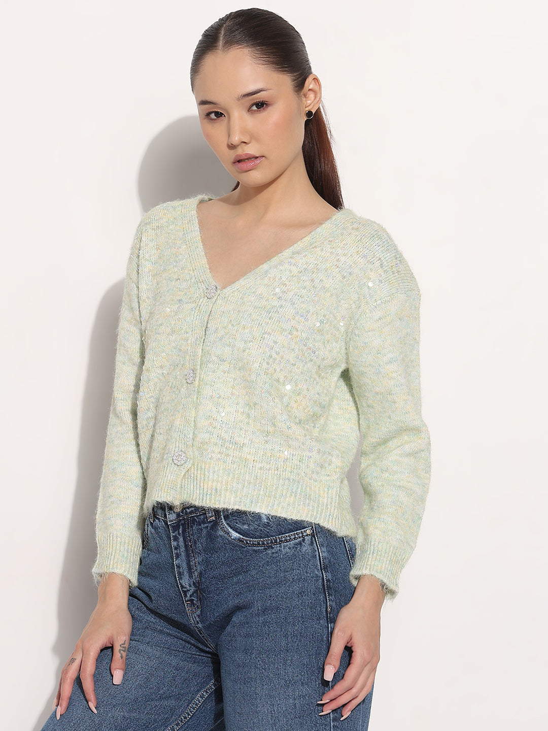 Women's Knitted Sea Green V-Neck Embellished Sweater