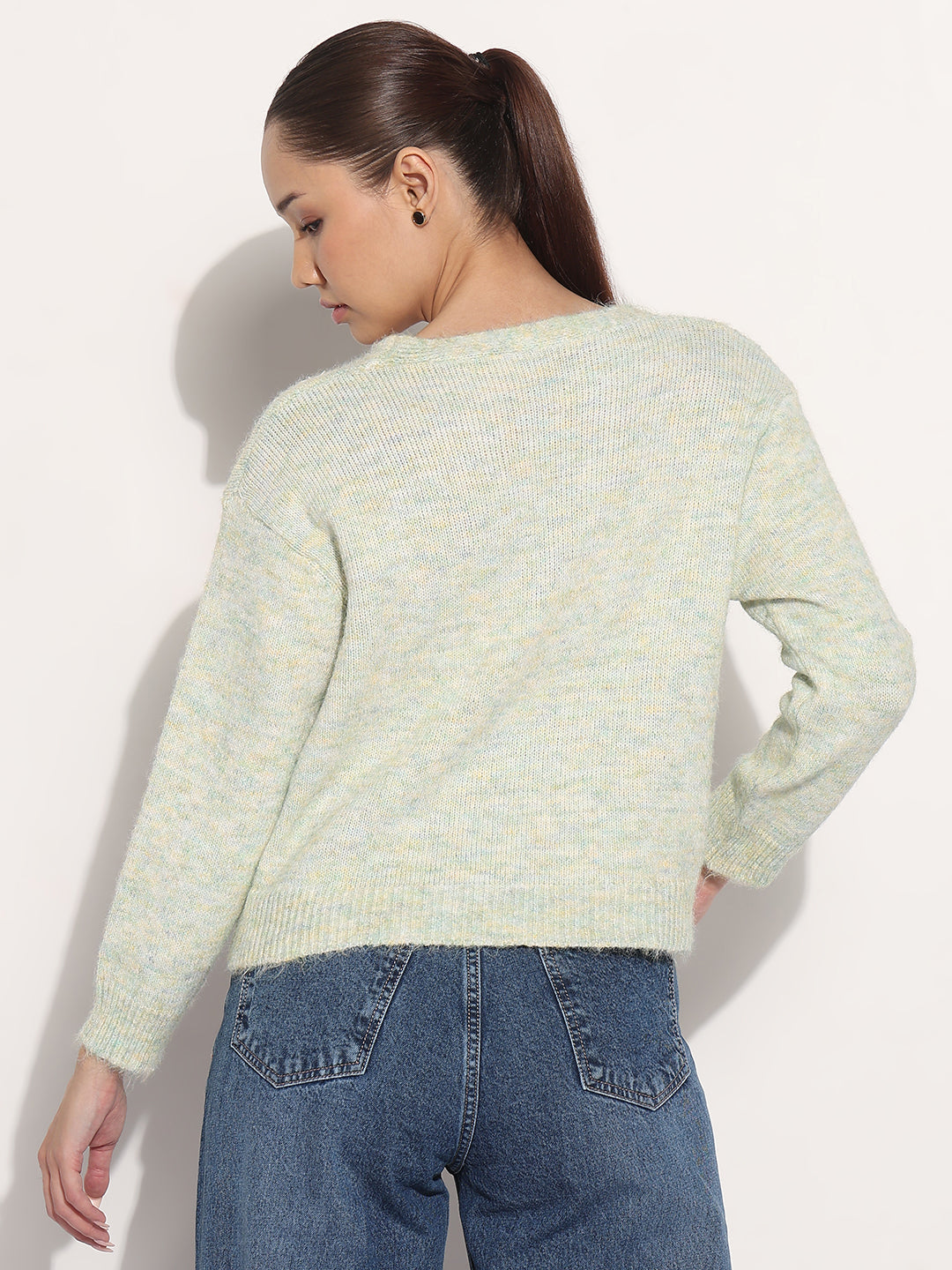Women's Knitted Sea Green V-Neck Embellished Sweater