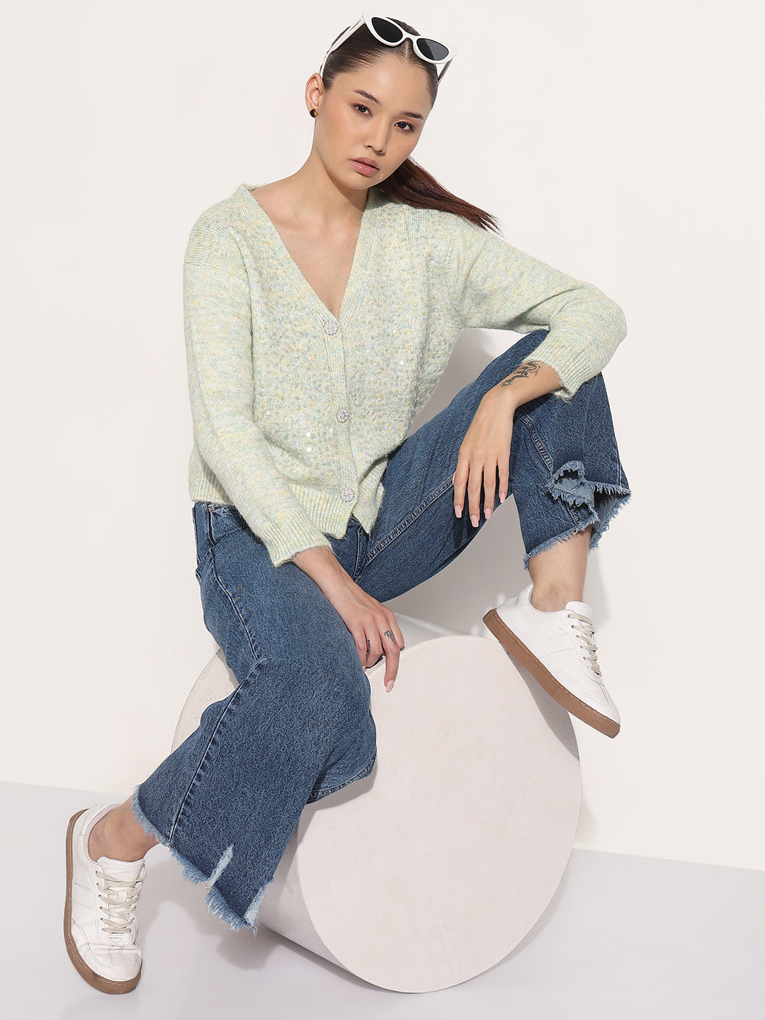 Women's Knitted Sea Green V-Neck Embellished Sweater