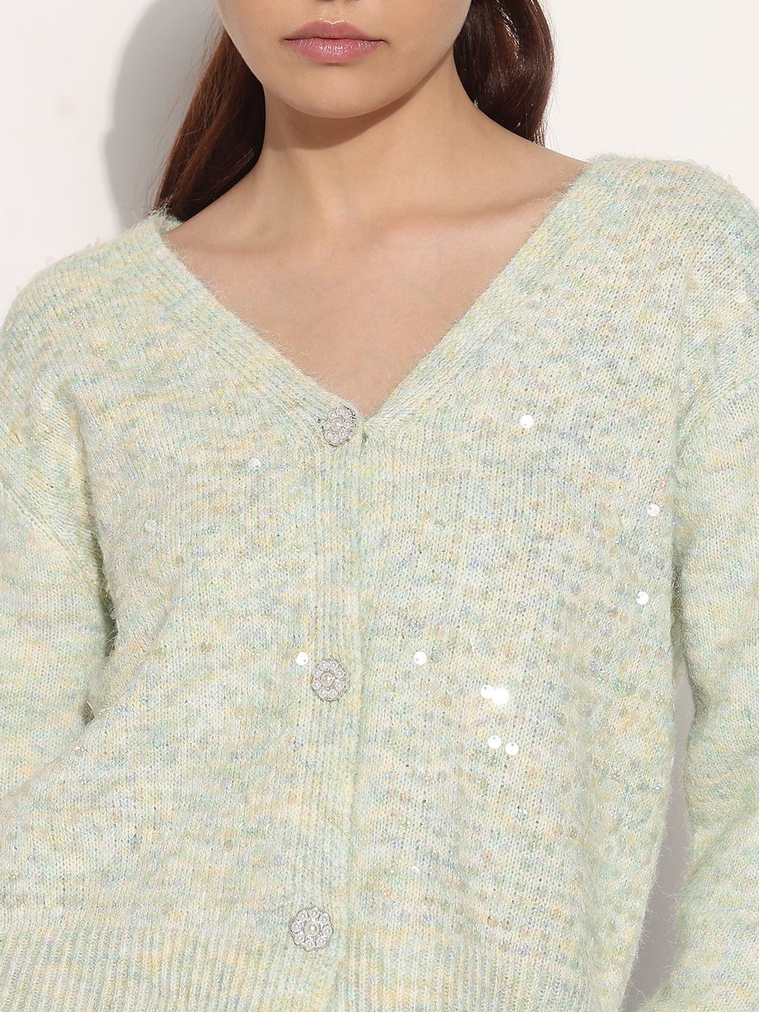 Women's Knitted Sea Green V-Neck Embellished Sweater