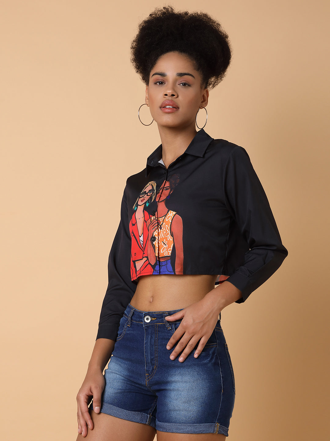 Women Graphic Black Crop Boxy Shirt