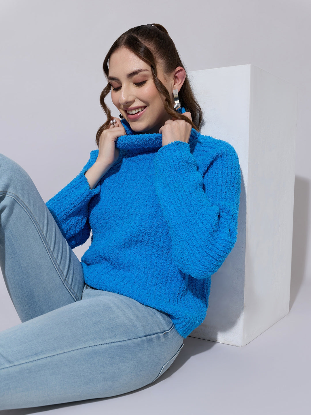 Women's Textured Blue Turtleneck Sweater