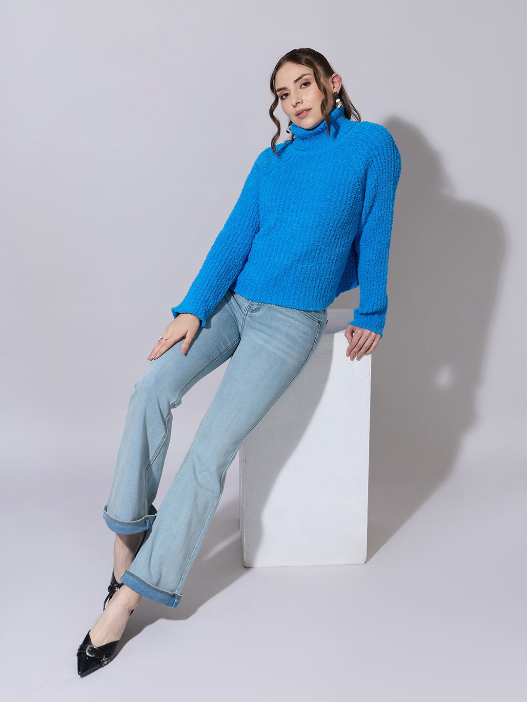 Women's Textured Blue Turtleneck Sweater