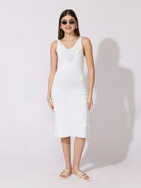 Women's White Midi Dress with Floral Applique Detail