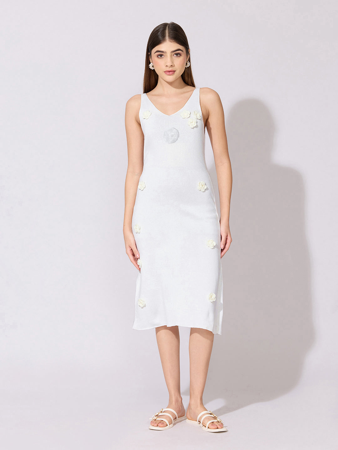 Women's White Midi Dress with Floral Applique Detail