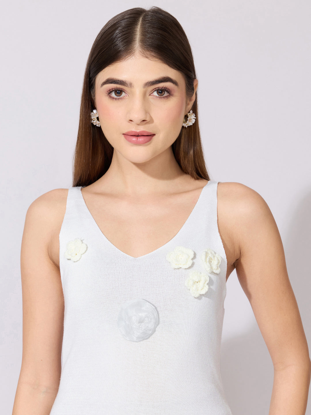 Women's White Midi Dress with Floral Applique Detail
