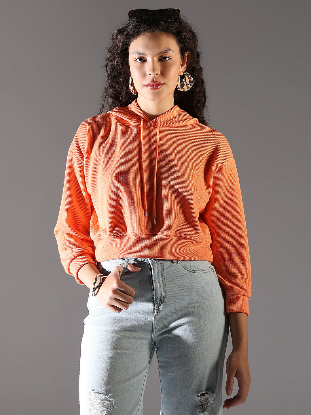 Women Solid Orange Hooded Sweatshirt