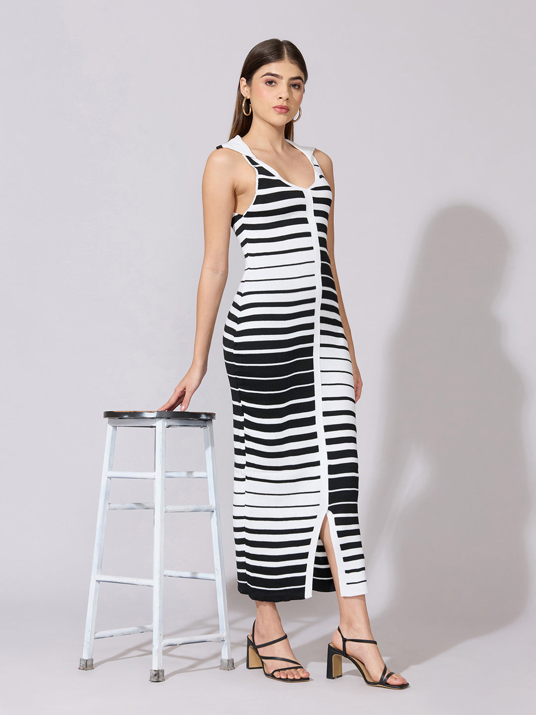 Women's Striped Black & White Bodycon Dress with Collar Neck