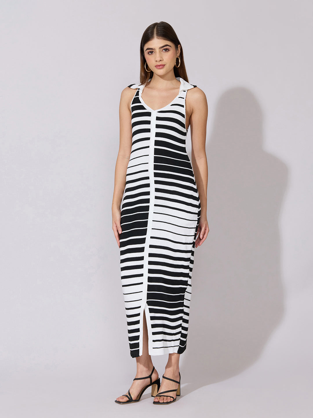Women's Striped Black & White Bodycon Dress with Collar Neck