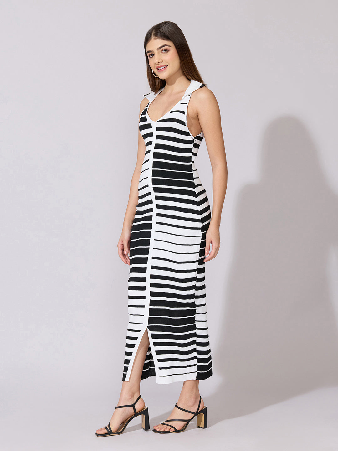 Women's Striped Black & White Bodycon Dress with Collar Neck