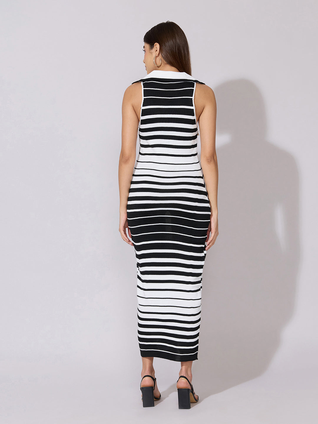 Women's Striped Black & White Bodycon Dress with Collar Neck