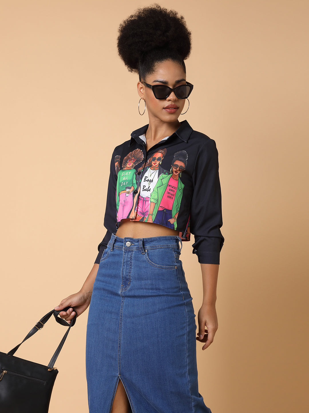 Women Graphic Black Crop Boxy Shirt