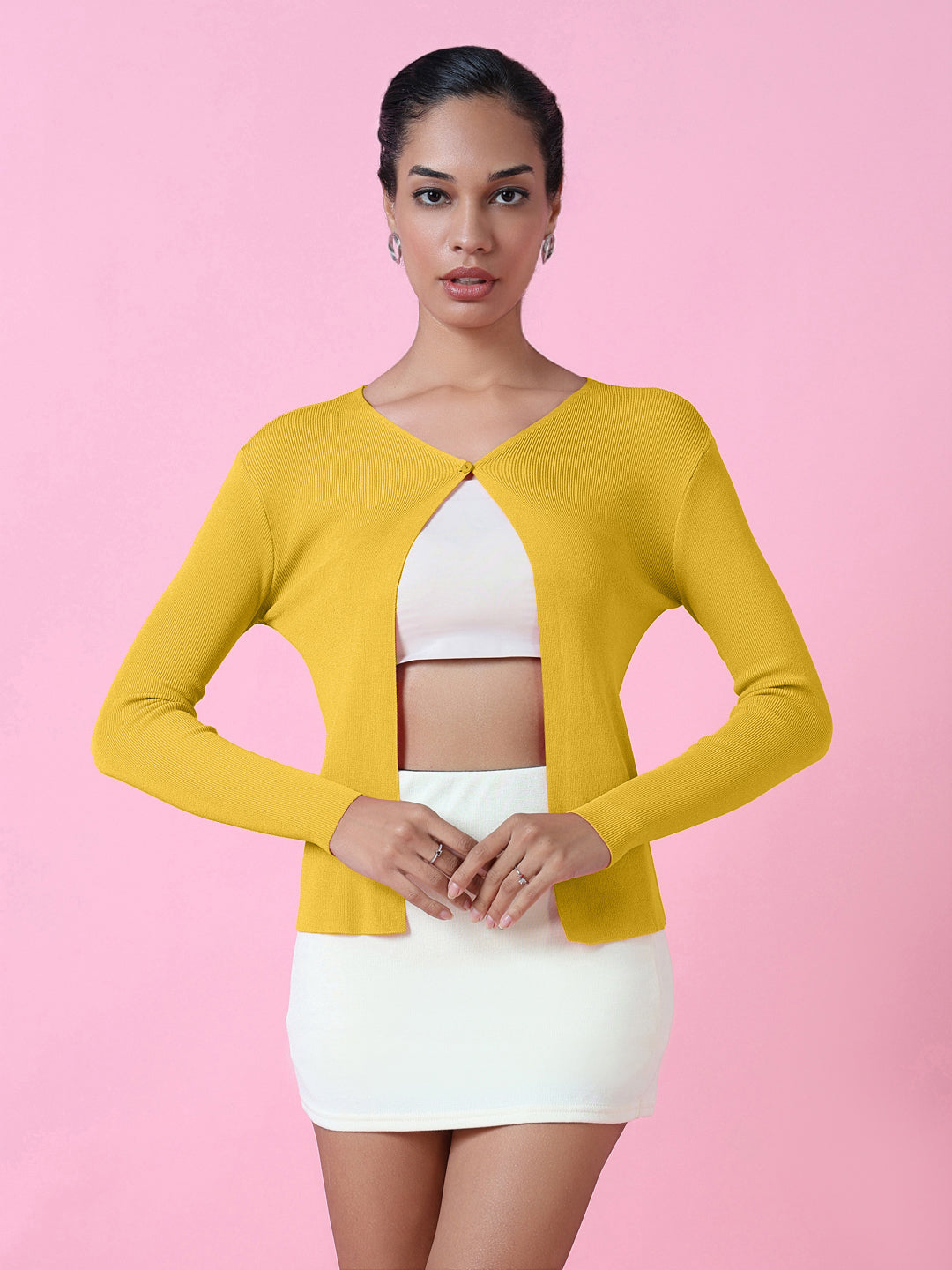 Women's Knitted Mustard Shrug with Button Detail
