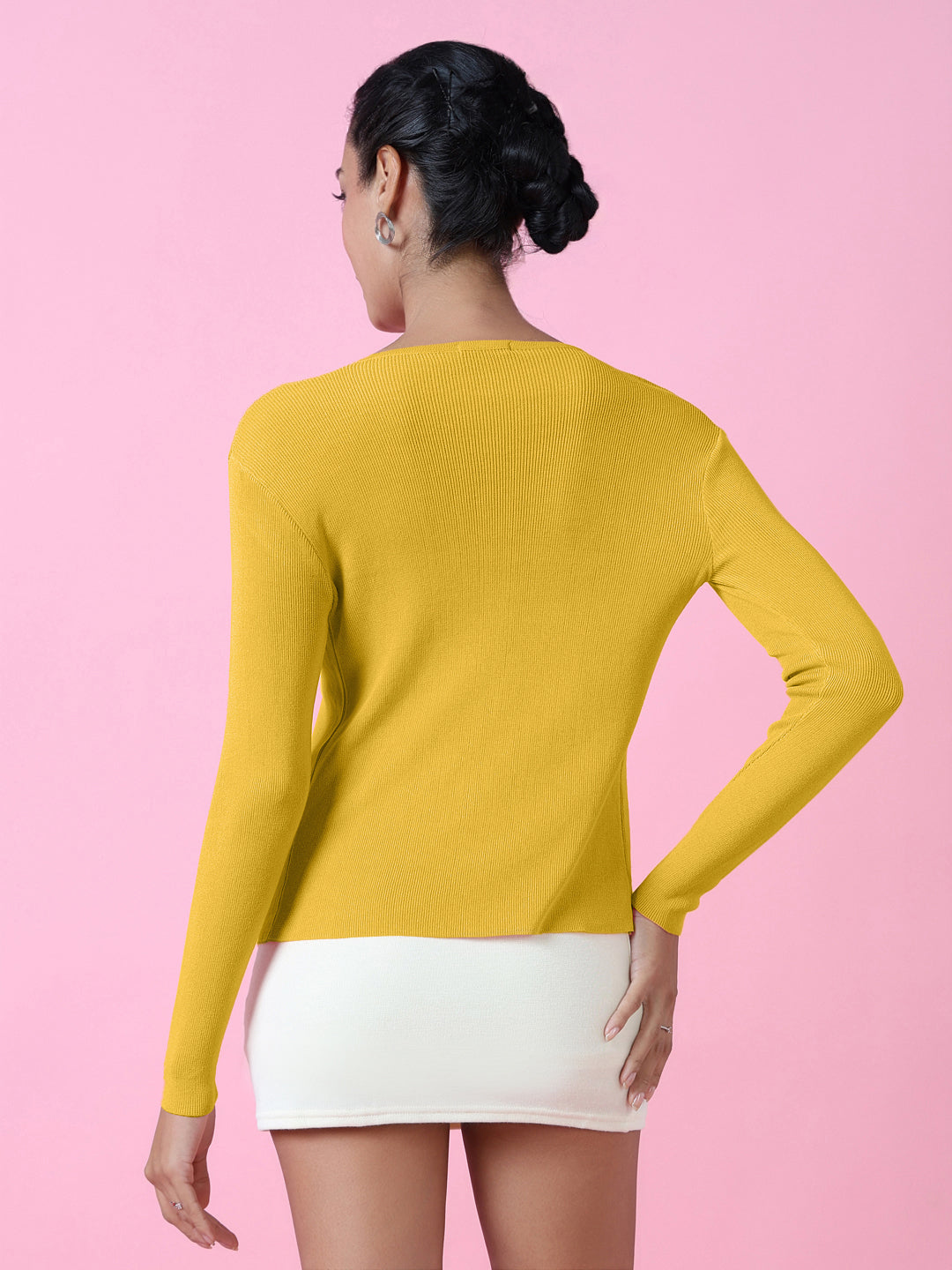 Women's Knitted Mustard Shrug with Button Detail