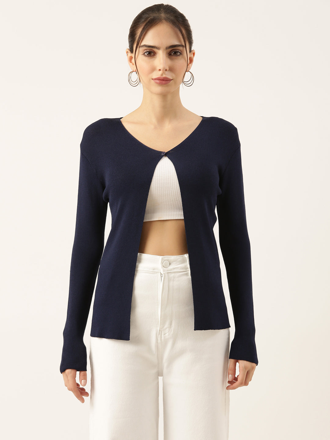 Women's Knitted Navy Blue Shrug with Button Detail