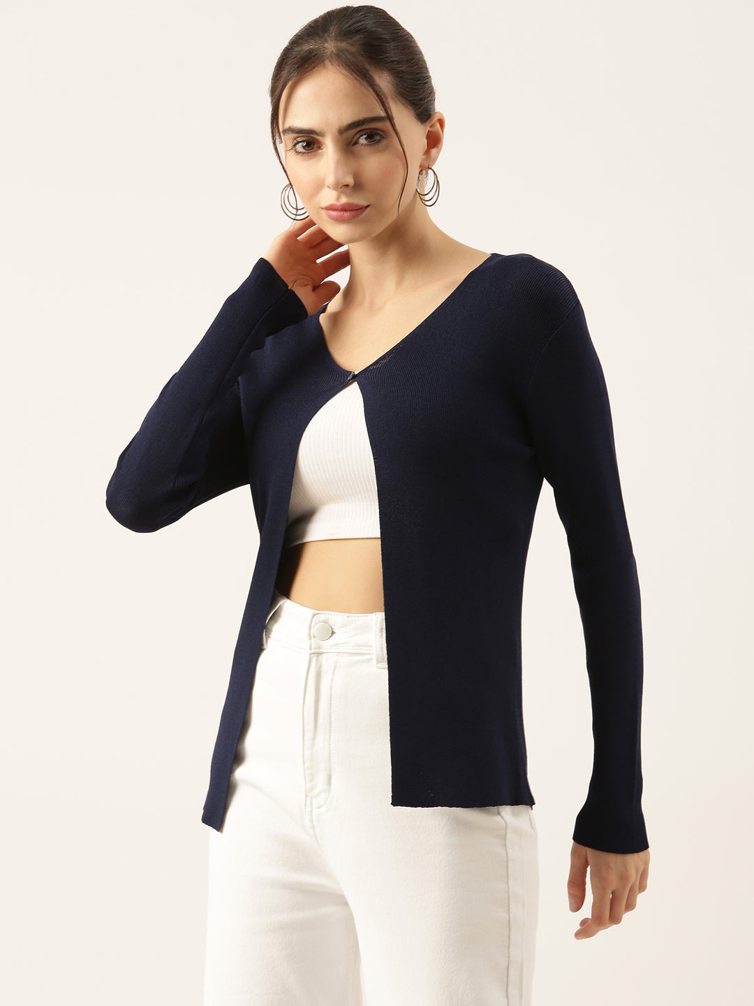 Women's Knitted Navy Blue Shrug with Button Detail