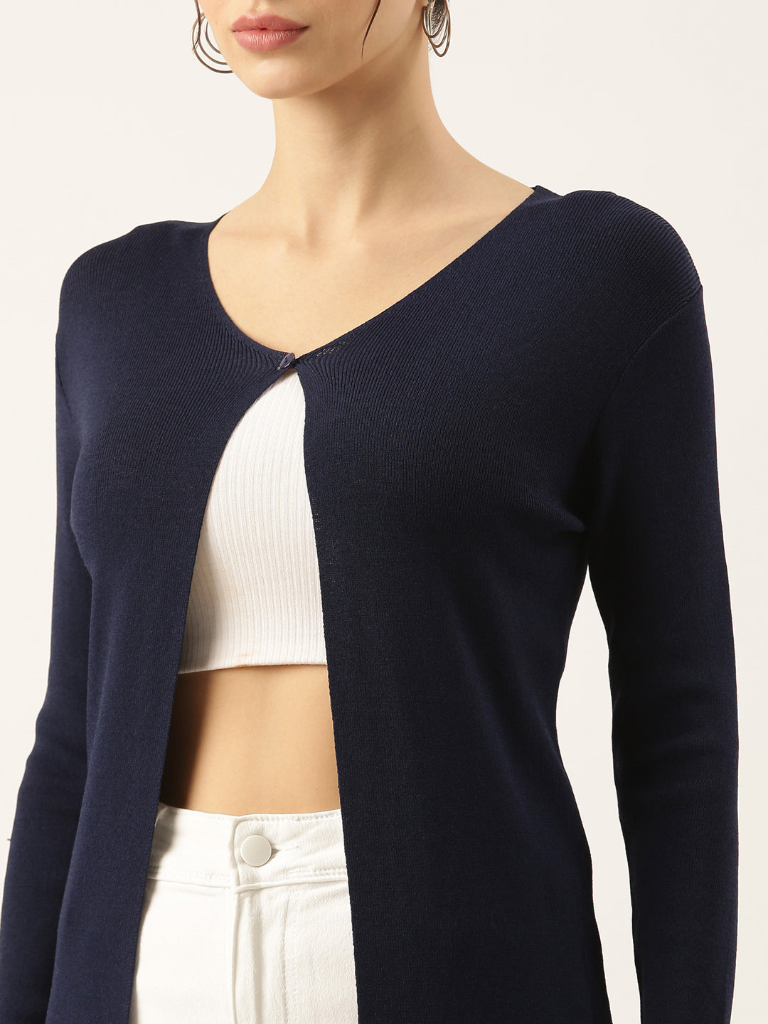 Women's Knitted Navy Blue Shrug with Button Detail