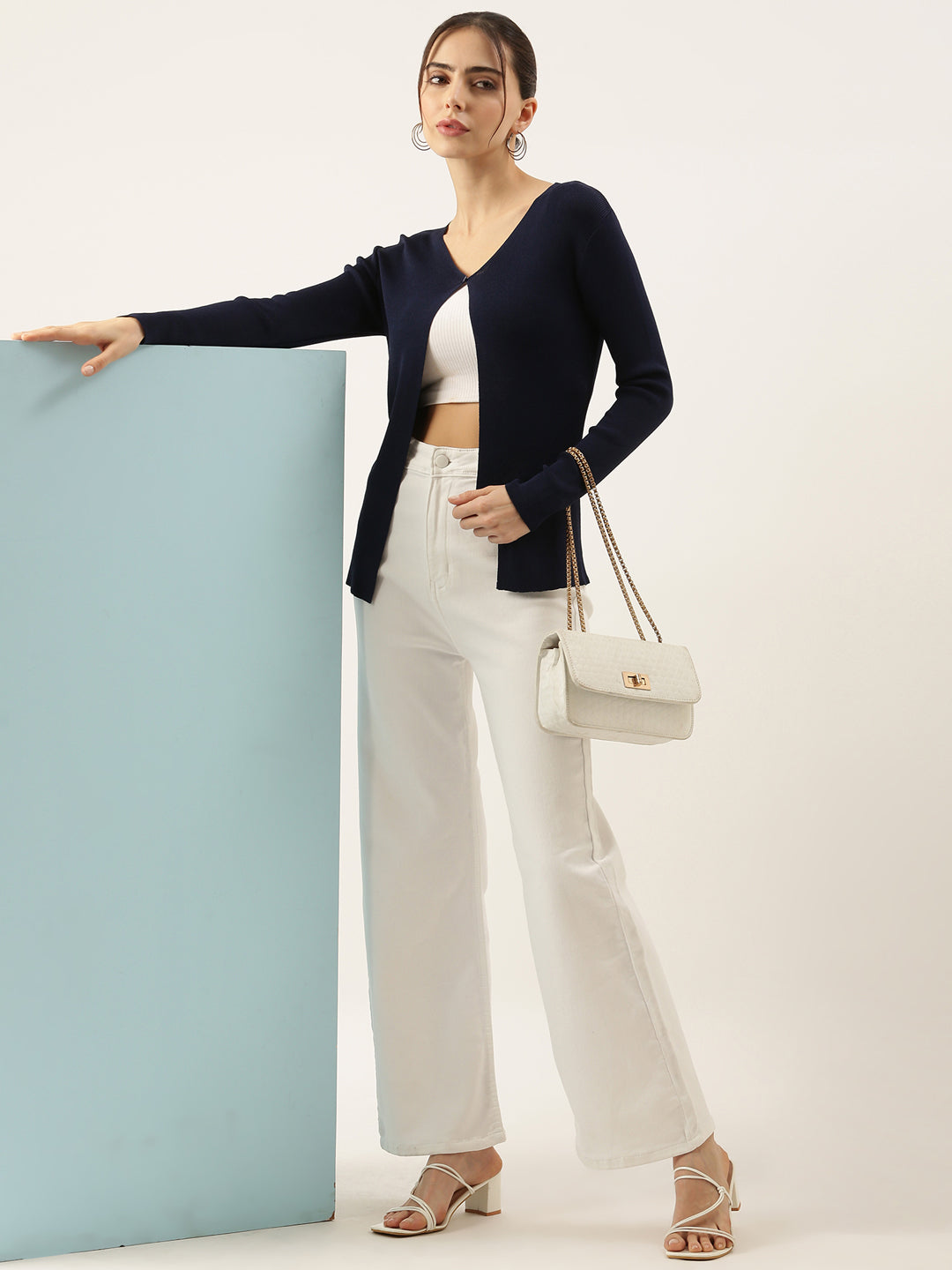 Women's Knitted Navy Blue Shrug with Button Detail