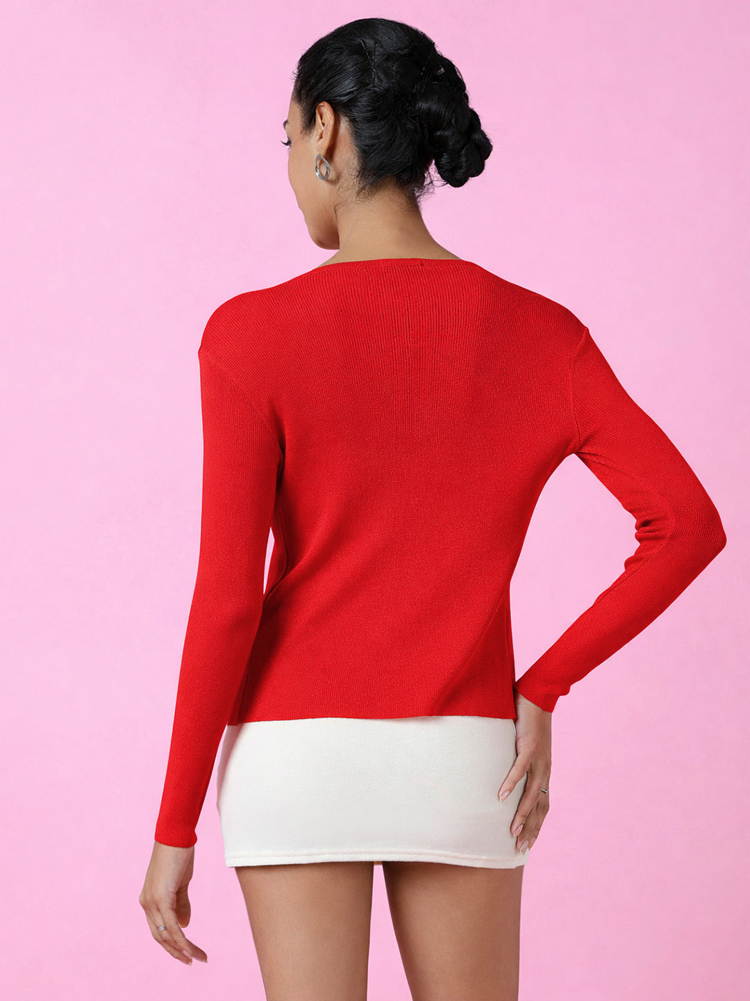 Women's Knitted Red Shrug with Button Detail