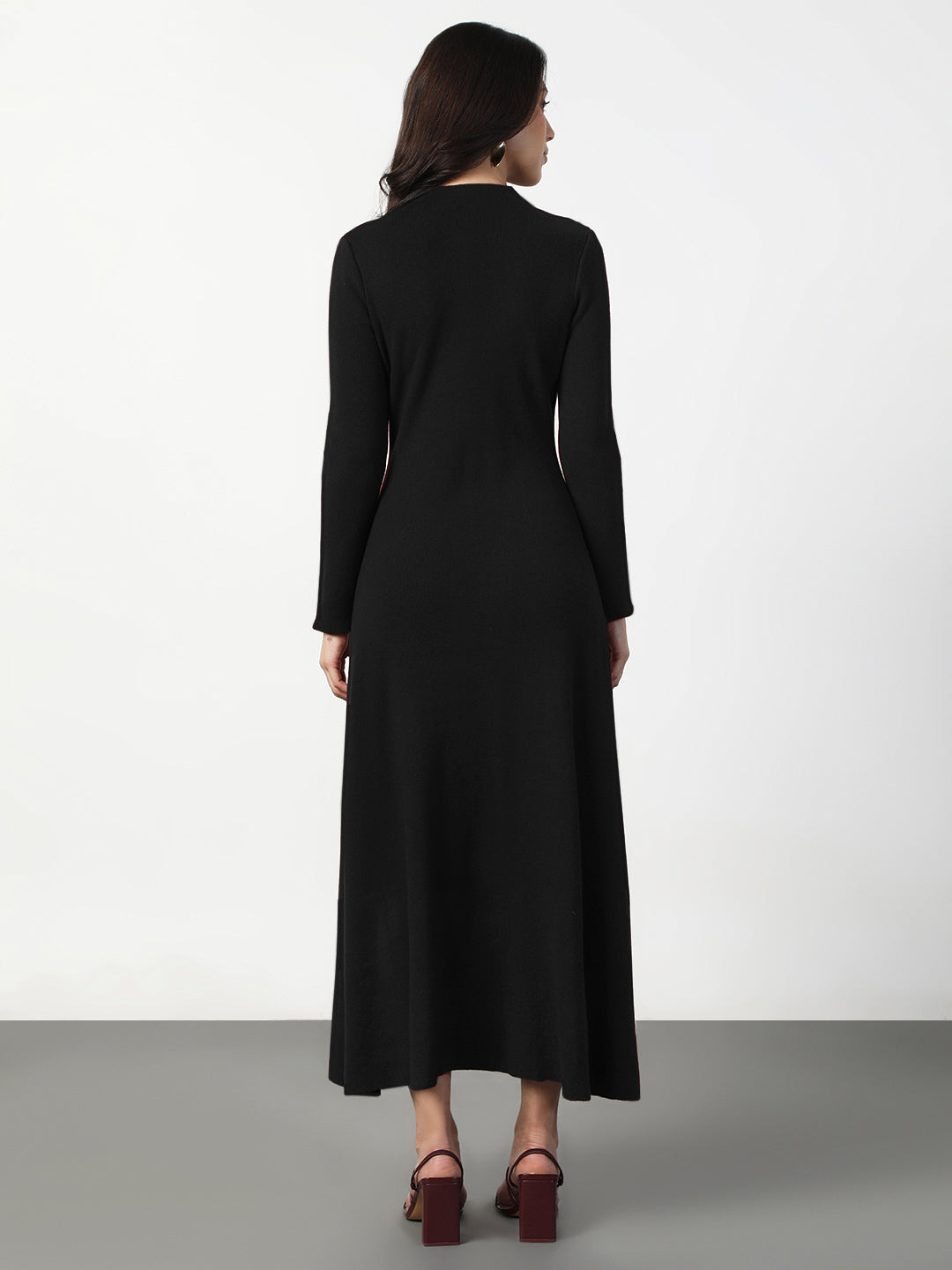 Women's Black Long Sleeve Maxi Dress with Front Button Detail