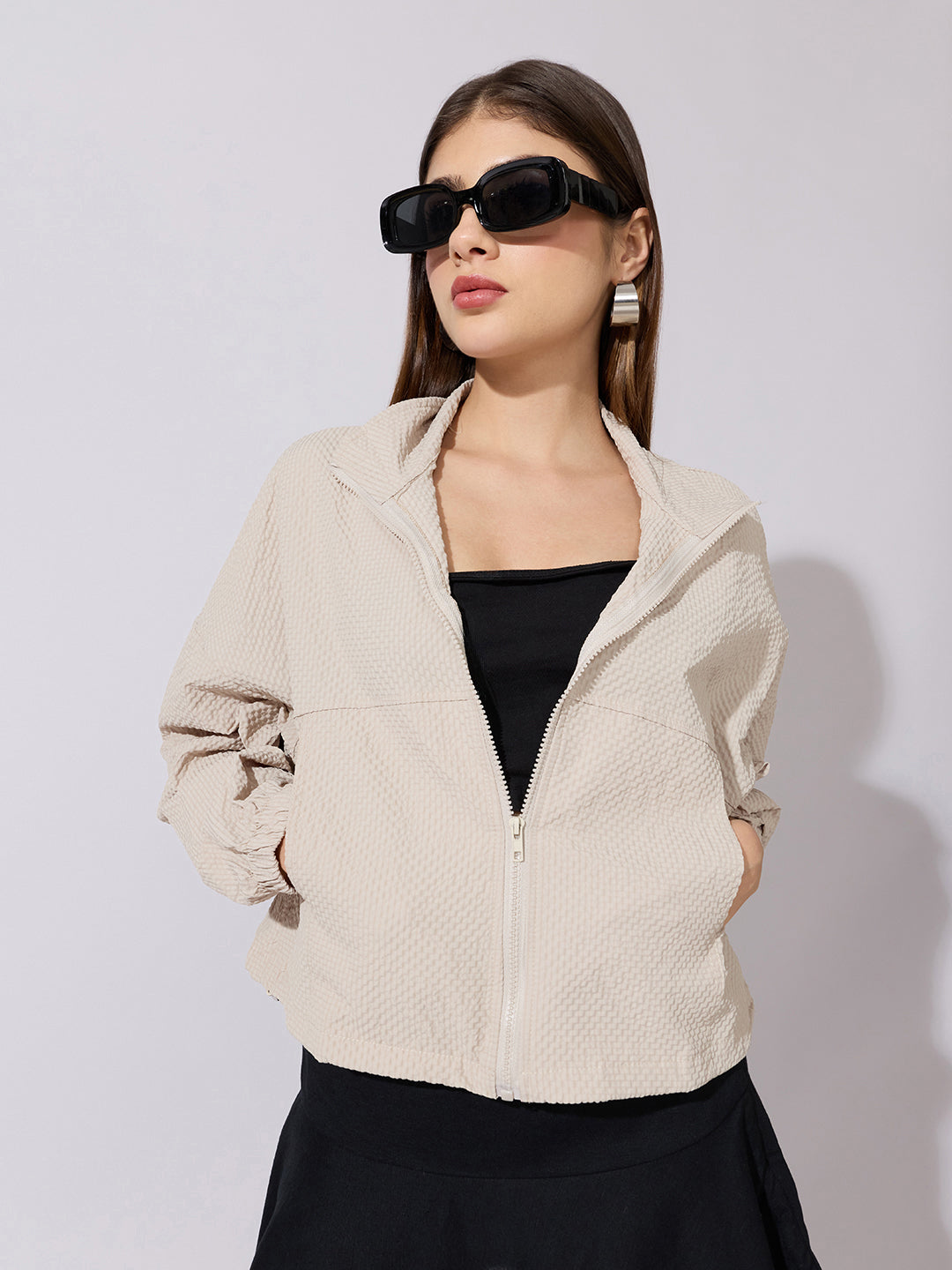 Women's Textured Beige High-Neck Zip-Up Jacket