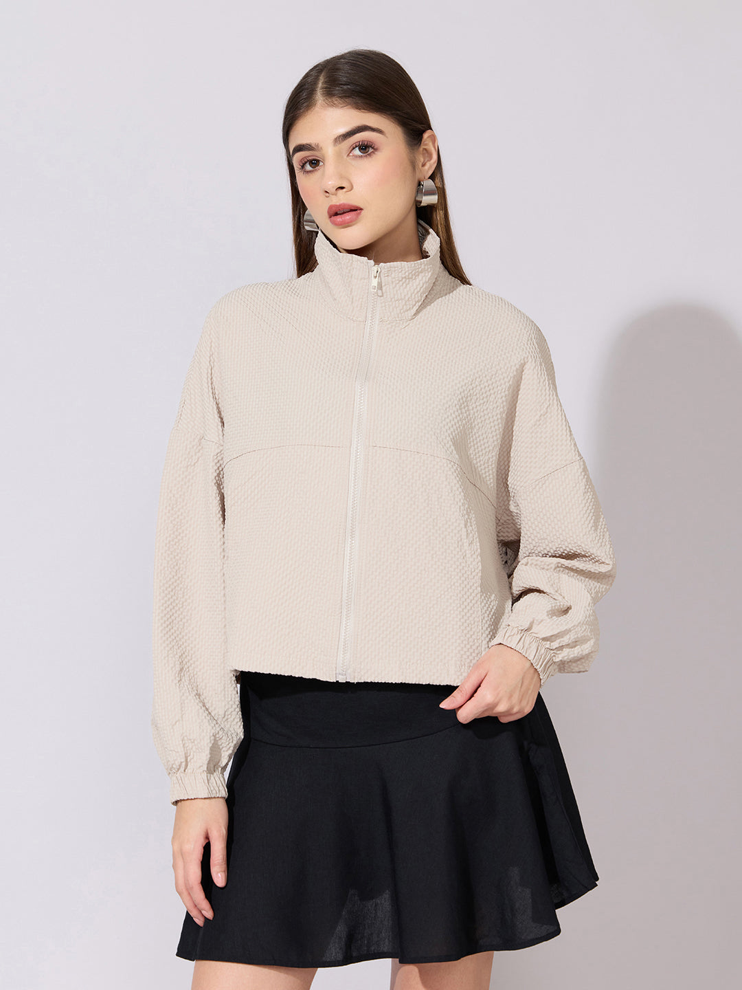 Women's Textured Beige High-Neck Zip-Up Jacket
