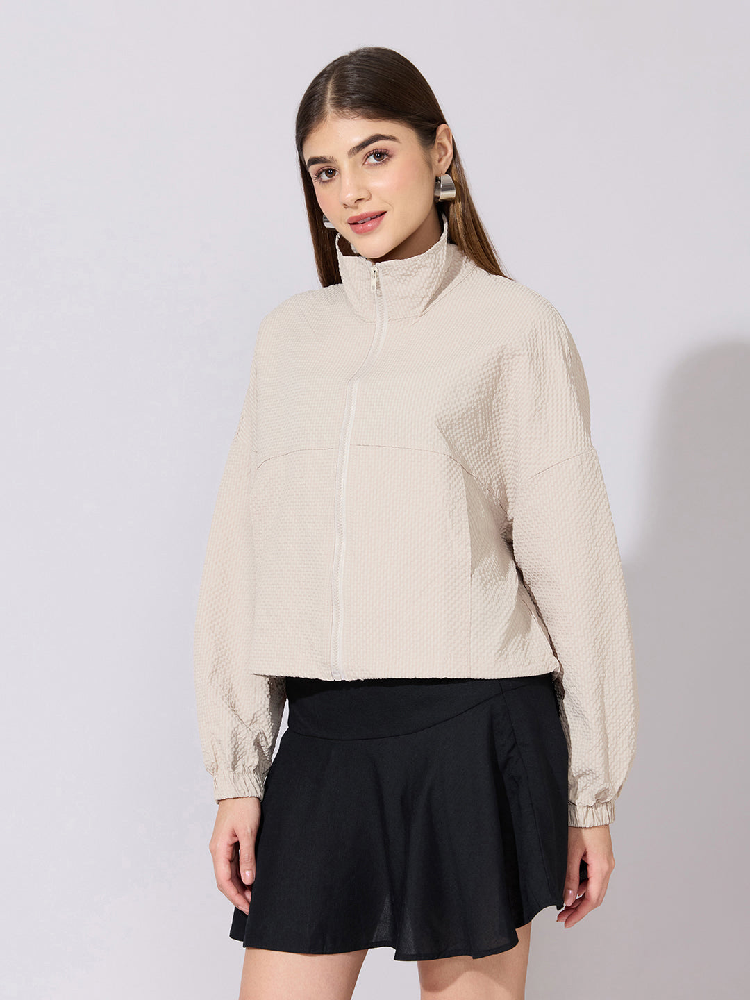 Women's Textured Beige High-Neck Zip-Up Jacket