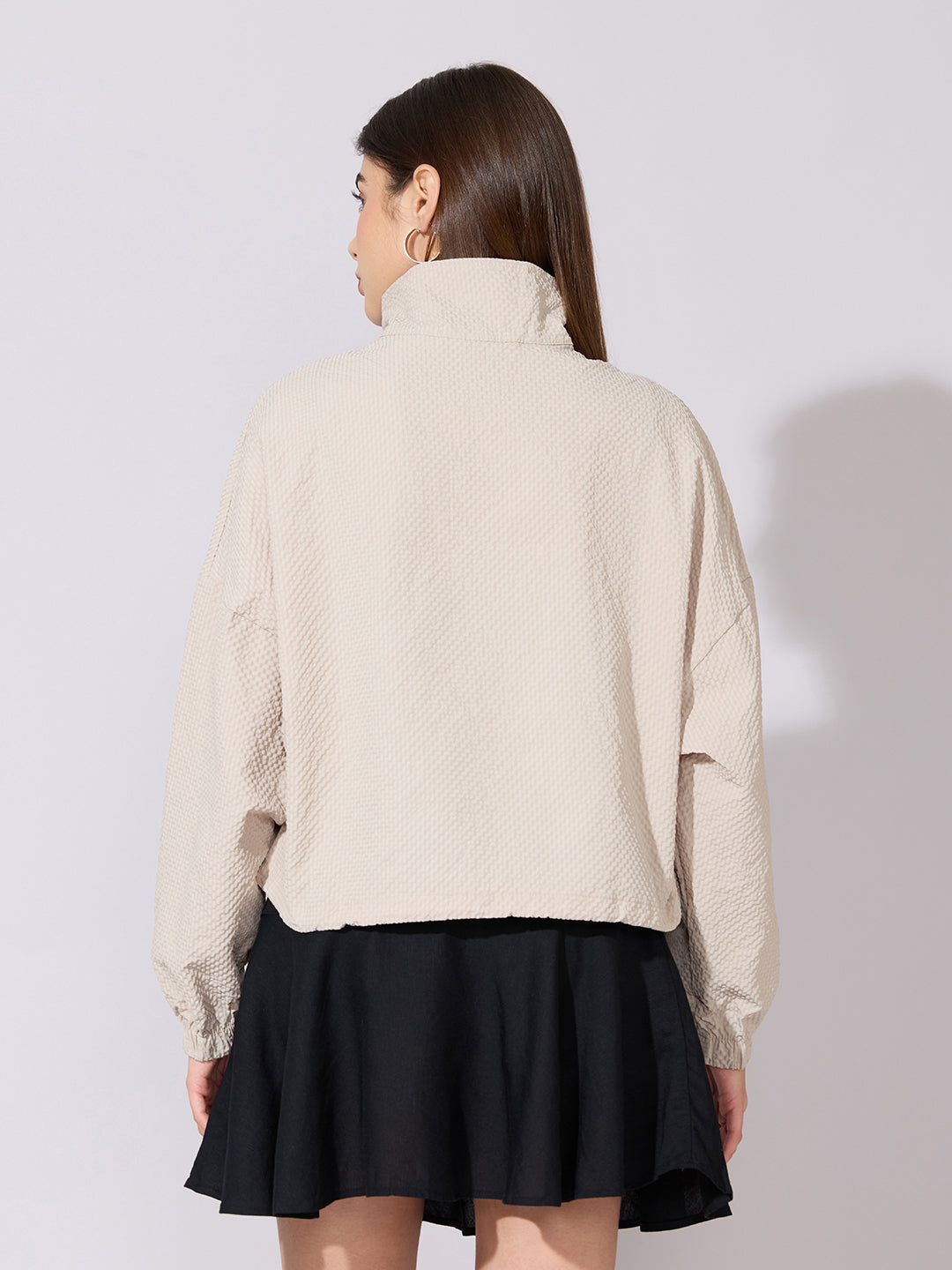 Women's Textured Beige High-Neck Zip-Up Jacket
