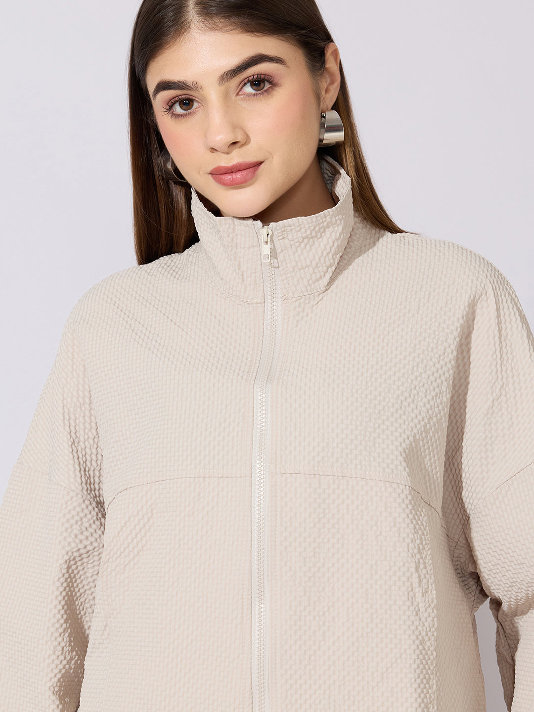 Women's Textured Beige High-Neck Zip-Up Jacket