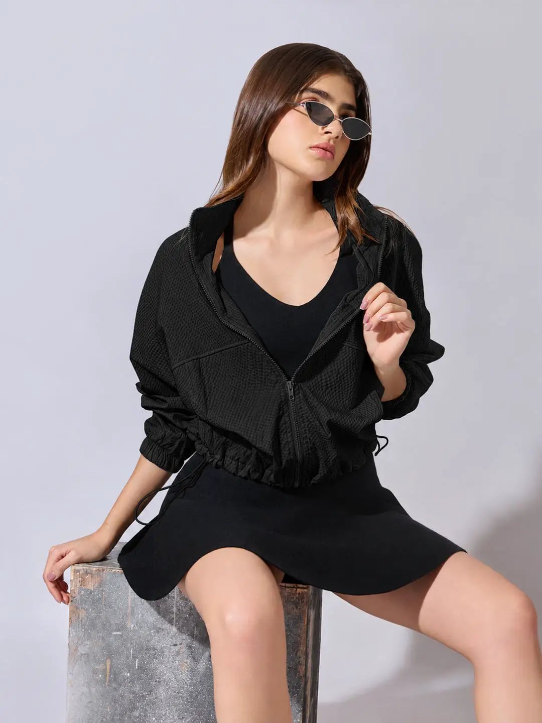 Women's Black Textured High Neck Zip Up Jacket with Drawstring Hem