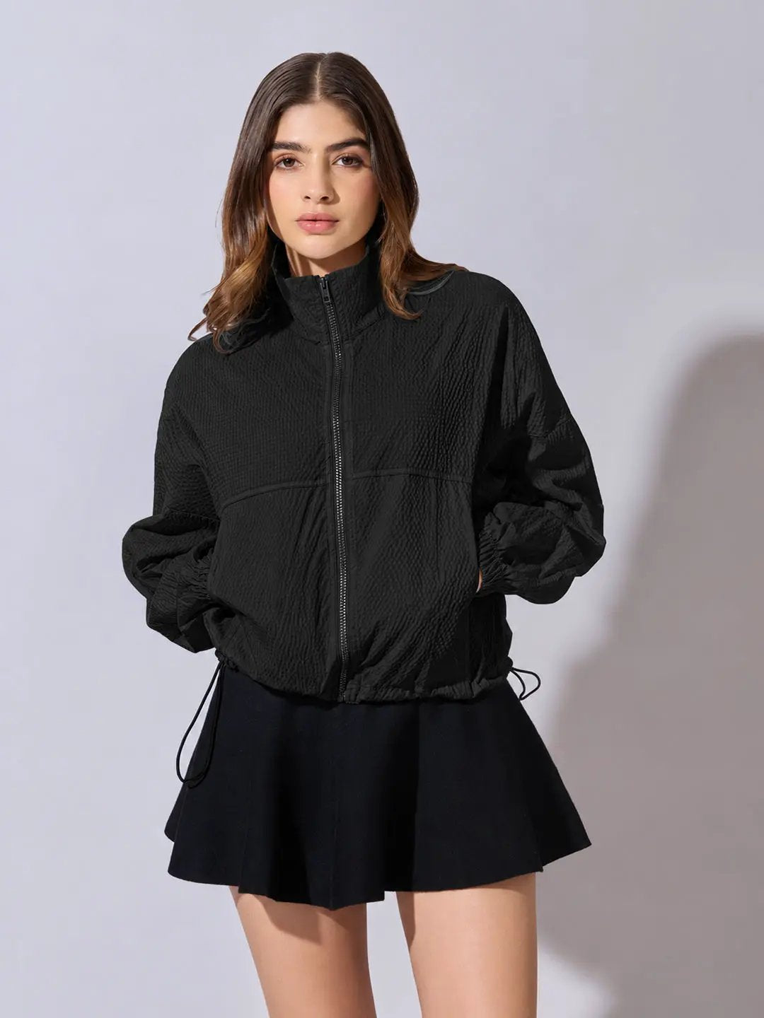 Women's Black Textured High Neck Zip Up Jacket with Drawstring Hem