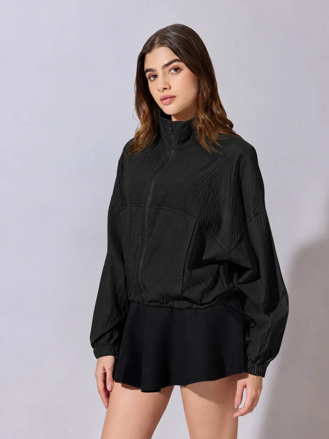 Women's Black Textured High Neck Zip Up Jacket with Drawstring Hem