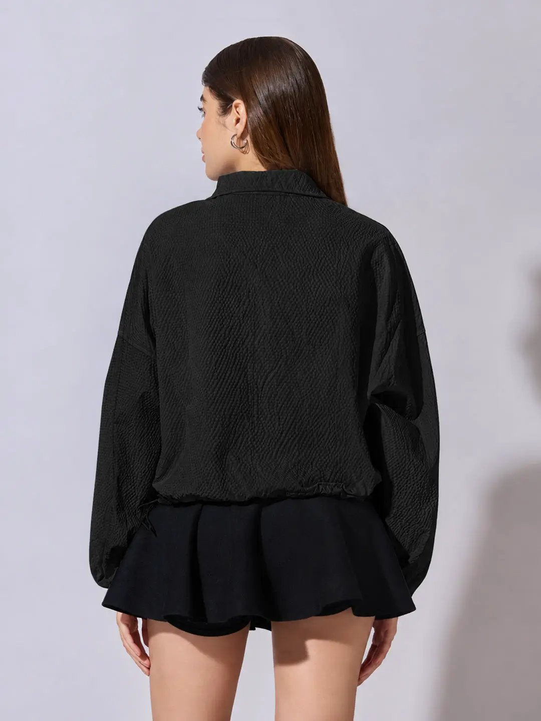 Women's Black Textured High Neck Zip Up Jacket with Drawstring Hem