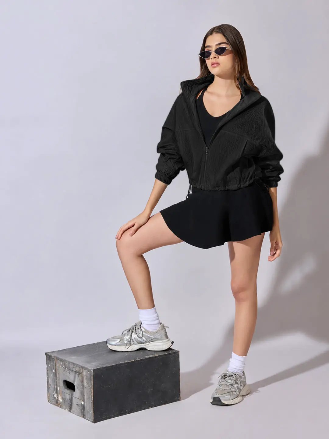 Women's Black Textured High Neck Zip Up Jacket with Drawstring Hem