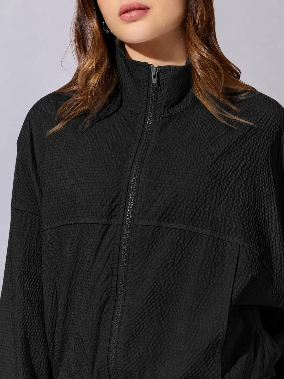 Women's Black Textured High Neck Zip Up Jacket with Drawstring Hem