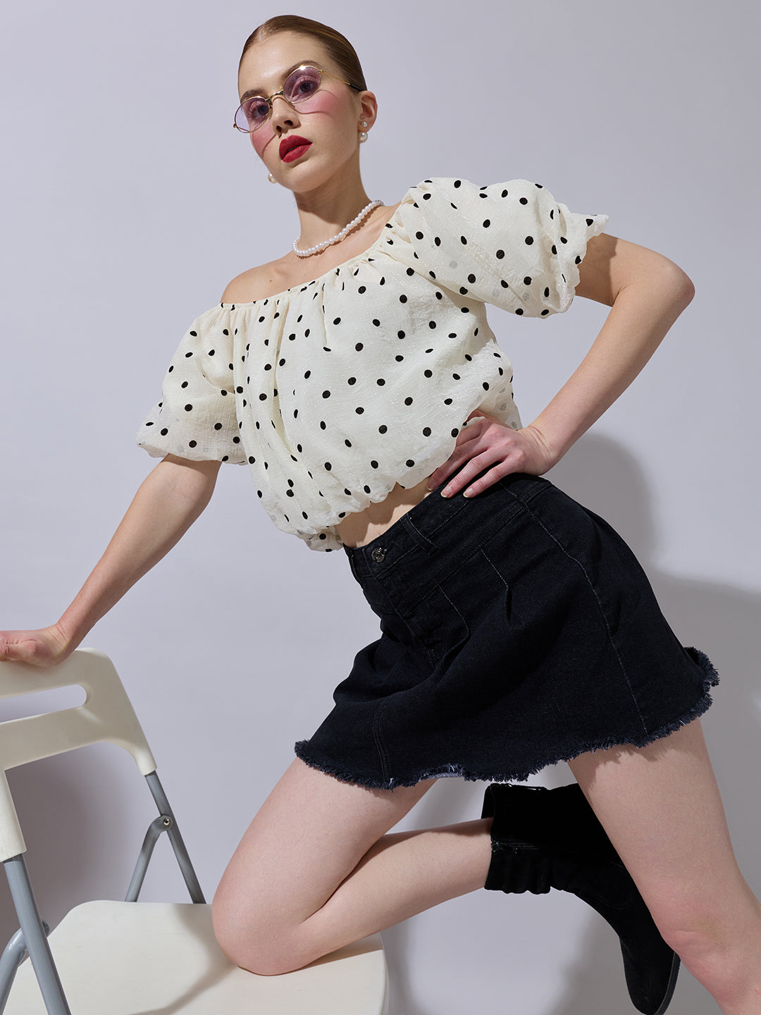 Women's Cream Polka Dot Off-Shoulder Top