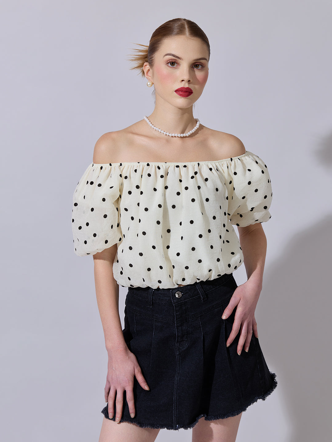 Women's Cream Polka Dot Off-Shoulder Top