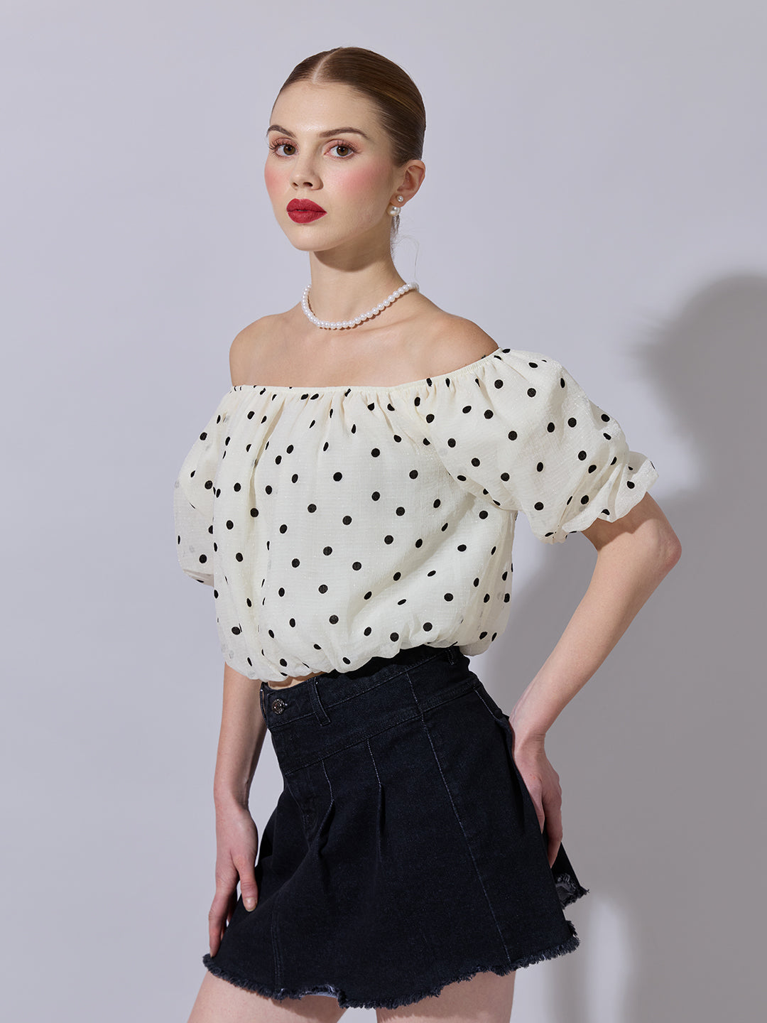 Women's Cream Polka Dot Off-Shoulder Top